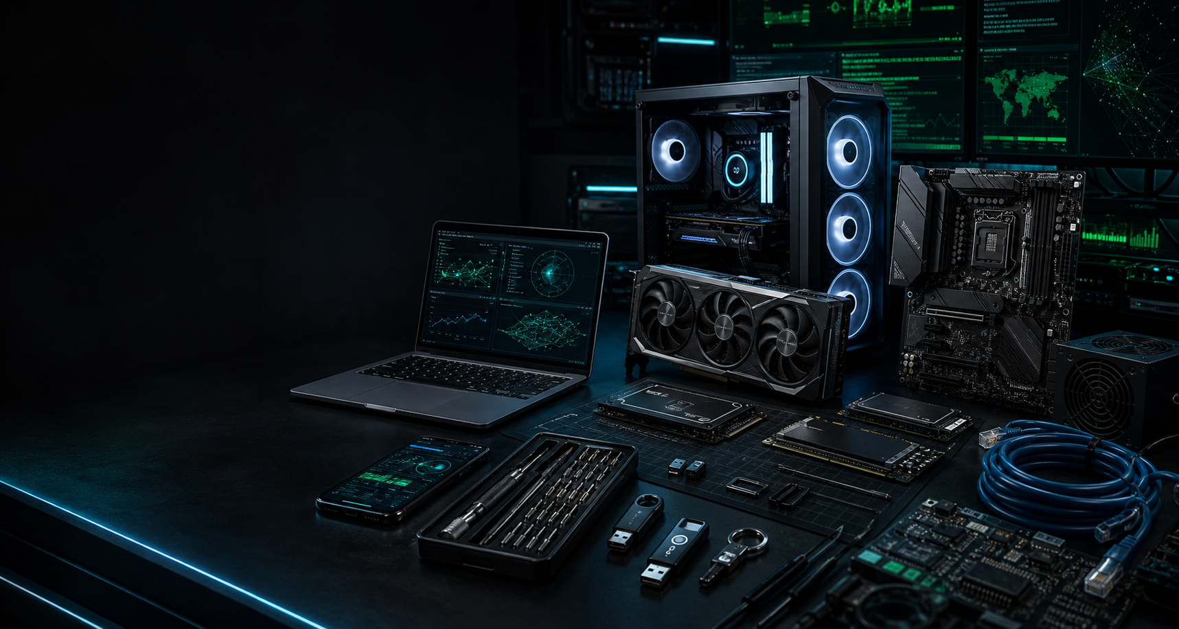 Dark security lab workbench with gadgets, terminal screens, PC components, and diagnostic tools